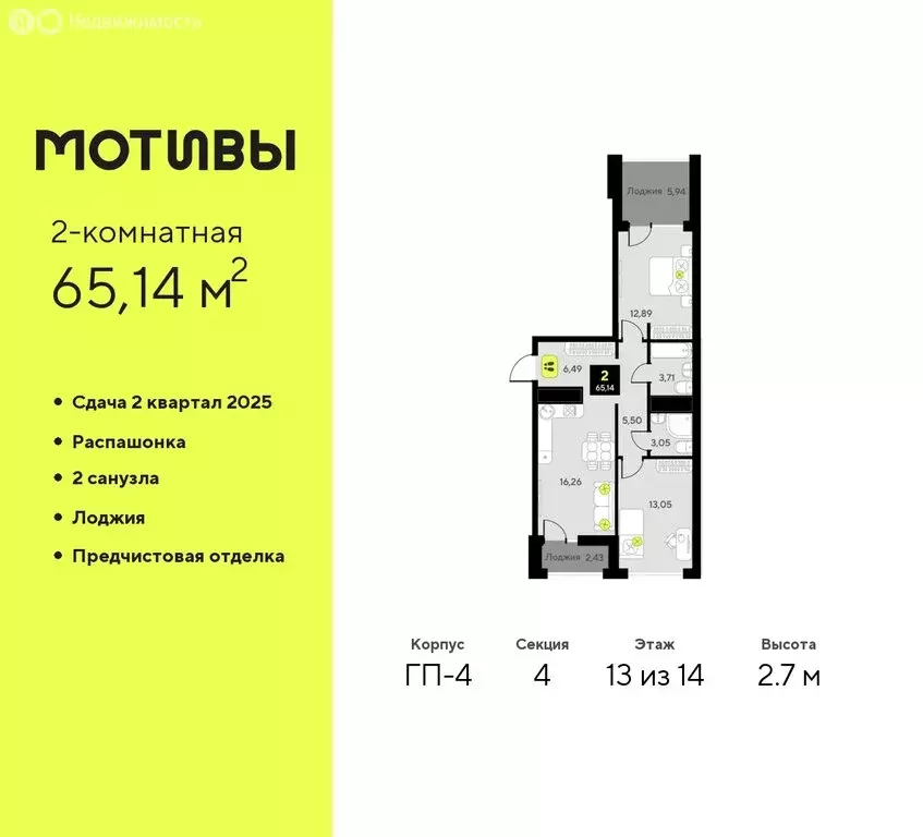 2-комнатная квартира: Тюмень, жилой комплекс Мотивы (65.14 м) - Фото 0