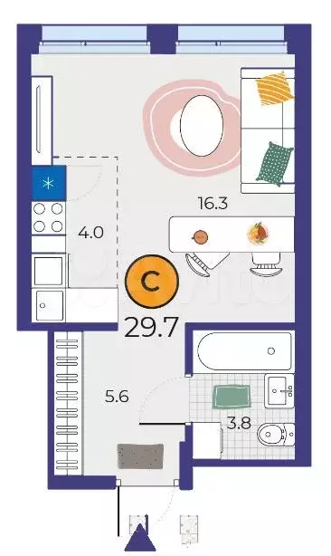 Квартира-студия, 29,7м, 5/25эт. - Фото 1