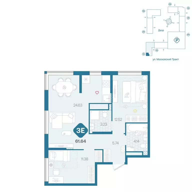 3-комнатная квартира: Тюмень, жилой комплекс Сибирский (61.64 м) - Фото 1