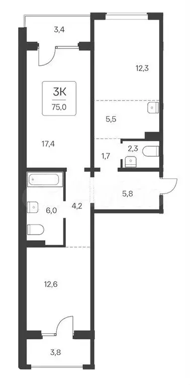 3-к. квартира, 75 м, 3/17 эт. - Фото 0