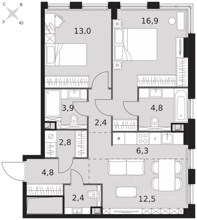 2-к кв. Москва Сидней Сити жилой комплекс, к5/1 (69.8 м) - Фото 2