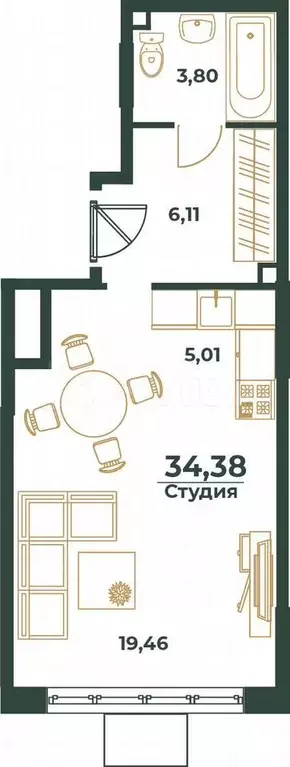 Квартира-студия, 34,4 м, 2/24 эт. - Фото 0