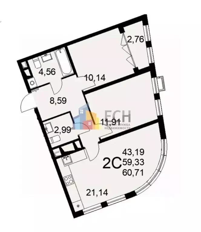 2-к кв. Тульская область, Тула ул. Федора Смирнова, 2к1 (60.71 м) - Фото 1