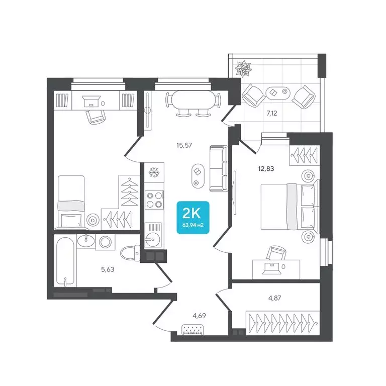 2-комнатная квартира: Дербыши, жилой комплекс Дабл-Дабл (63.94 м) - Фото 1