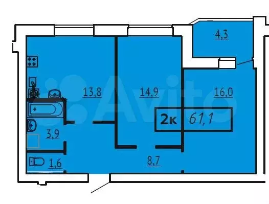 2-к. квартира, 61,1 м, 2/9 эт. - Фото 0