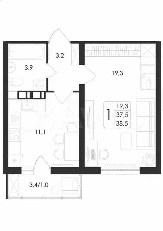 1-к. квартира, 38,5 м, 5/10 эт. - Фото 0