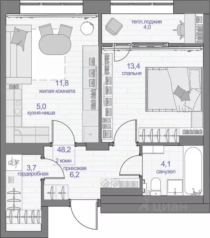 2-к кв. Красноярский край, Красноярск ул. Апрельская, 9А (48.2 м) - Фото 1