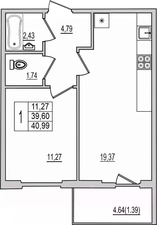 1-к кв. Псковская область, Псков Рижский просп., 94Г (40.99 м) - Фото 1