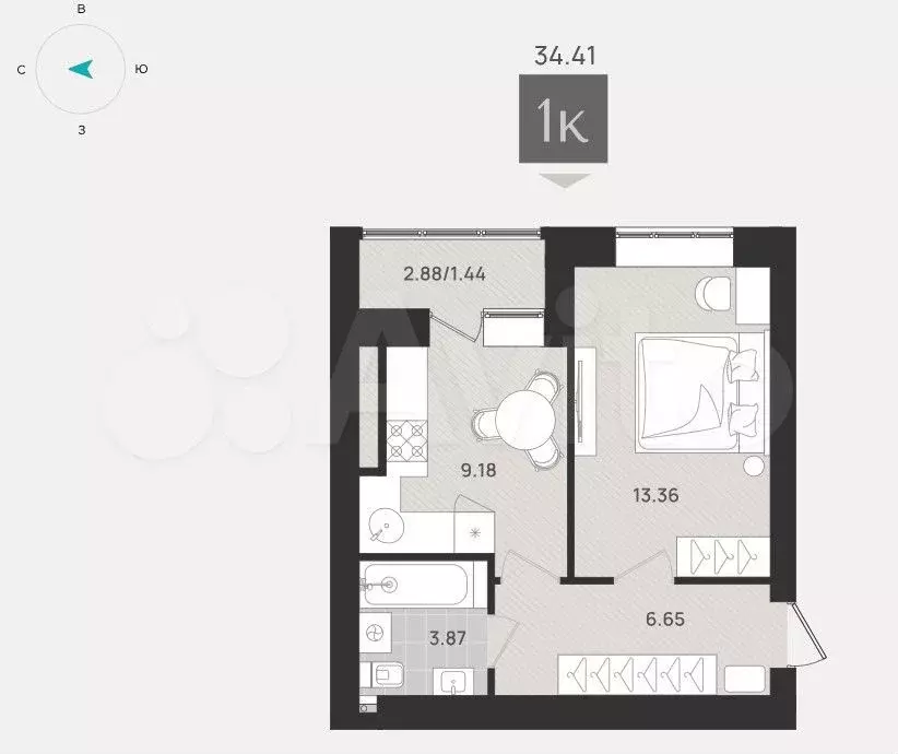 1-к. квартира, 34,4 м, 1/9 эт. - Фото 1