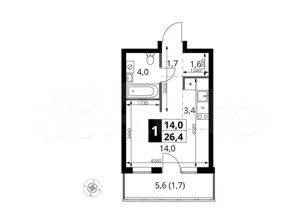 Квартира-студия, 26,4м, 7/9эт. - Фото 0