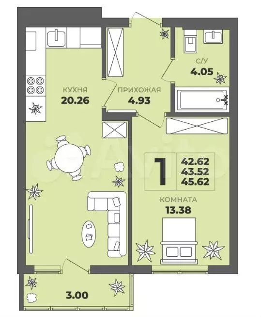 1-к. квартира, 43,5 м, 2/9 эт. - Фото 1