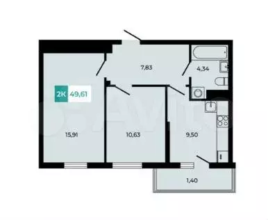 2-к. квартира, 49,6 м, 2/6 эт. - Фото 1