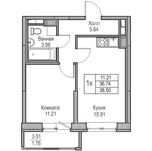 2-к кв. Санкт-Петербург ул. Ивинская, 1к3 (38.58 м) - Фото 0