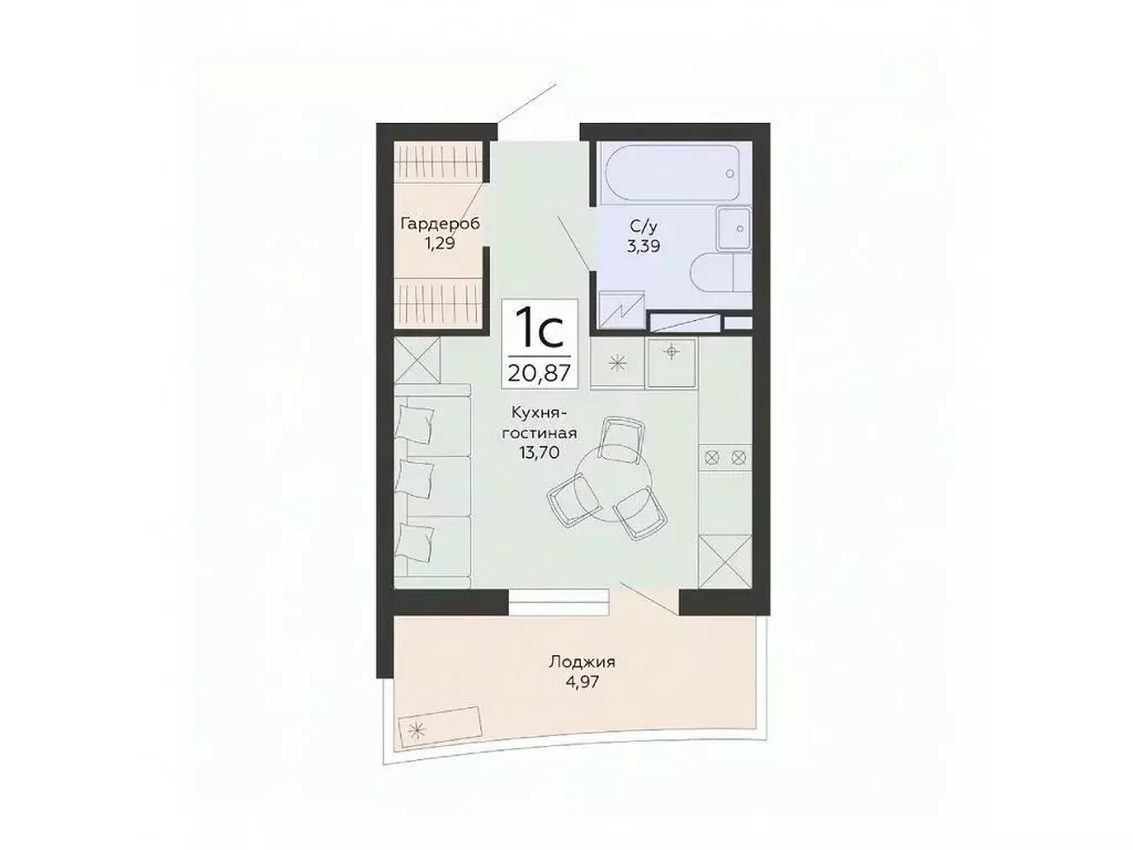 Студия Воронежская область, Воронеж ул. Туполева, 5Н (20.87 м) - Фото 1