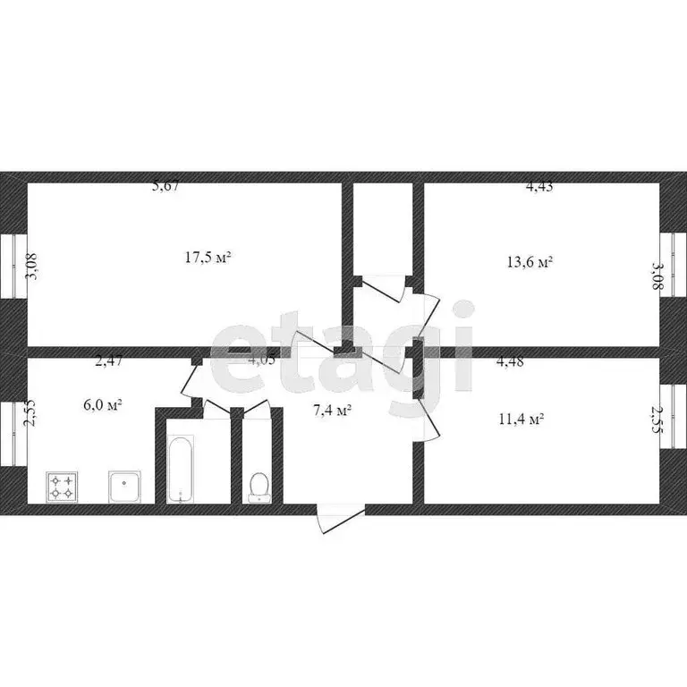 3-комнатная квартира: Молочное, Парковая улица, 8 (60.5 м) - Фото 1