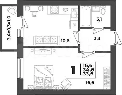 1-к. квартира, 34,6 м, 4/5 эт. - Фото 1