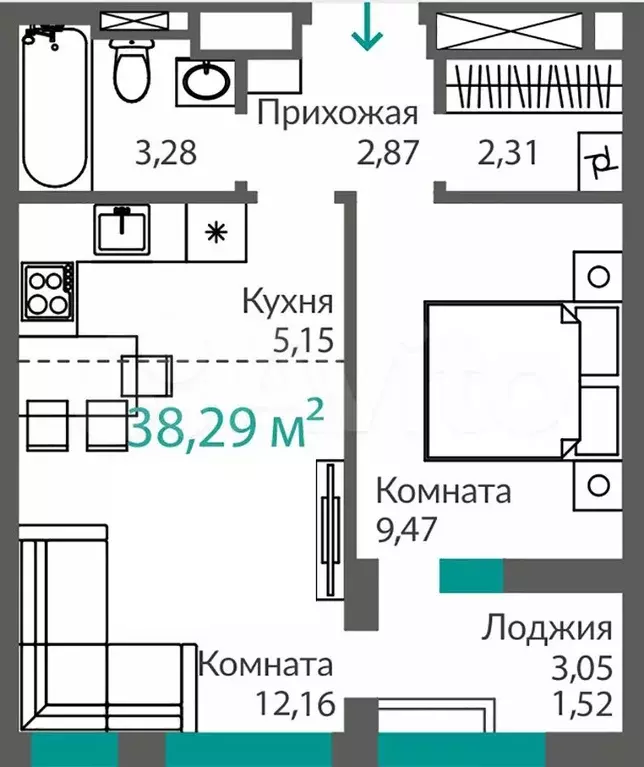 1-к. квартира, 38,3 м, 2/16 эт. - Фото 0