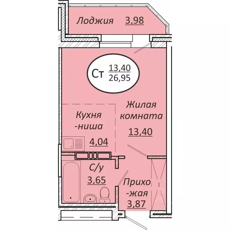 Студия Новосибирская область, Новосибирск  (26.95 м) - Фото 1