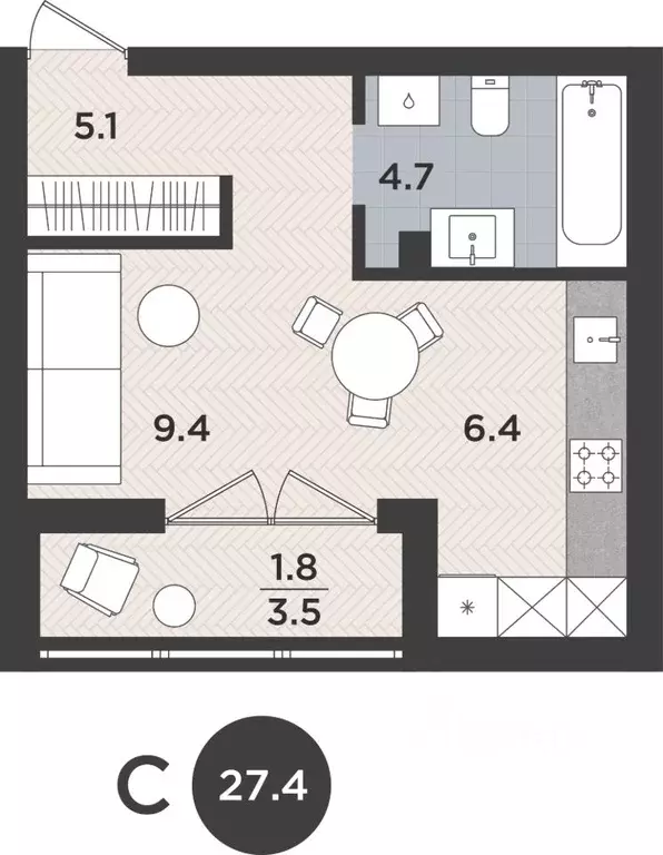 Студия Калининградская область, Калининград Тихорецкая ул. (27.4 м) - Фото 1