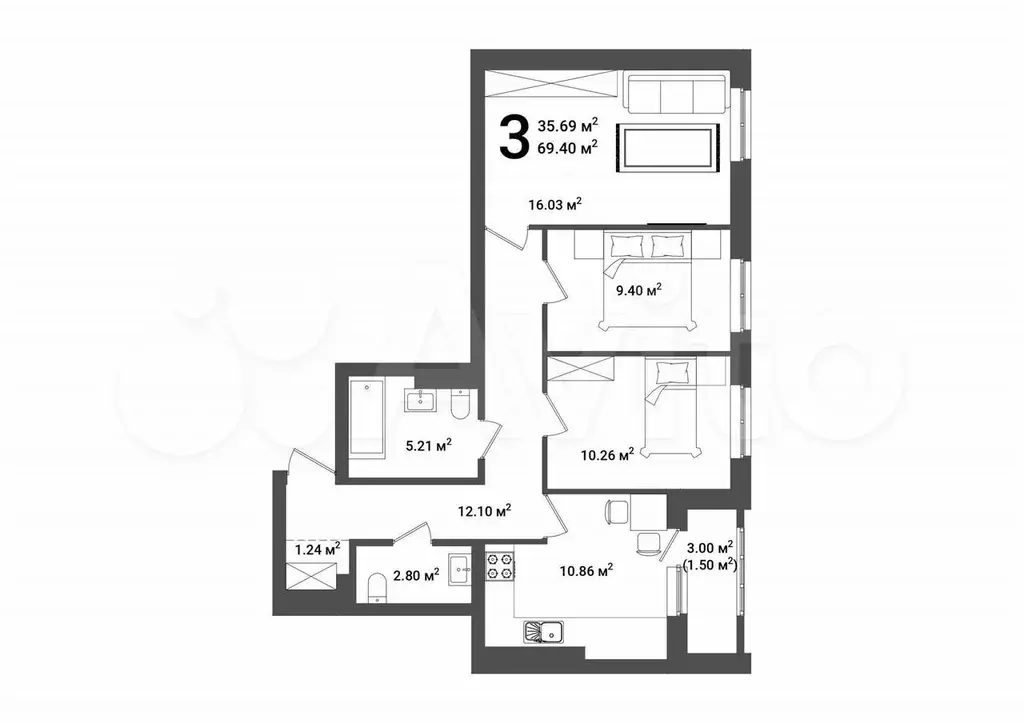 3-к. квартира, 69,5 м, 11/25 эт. - Фото 1