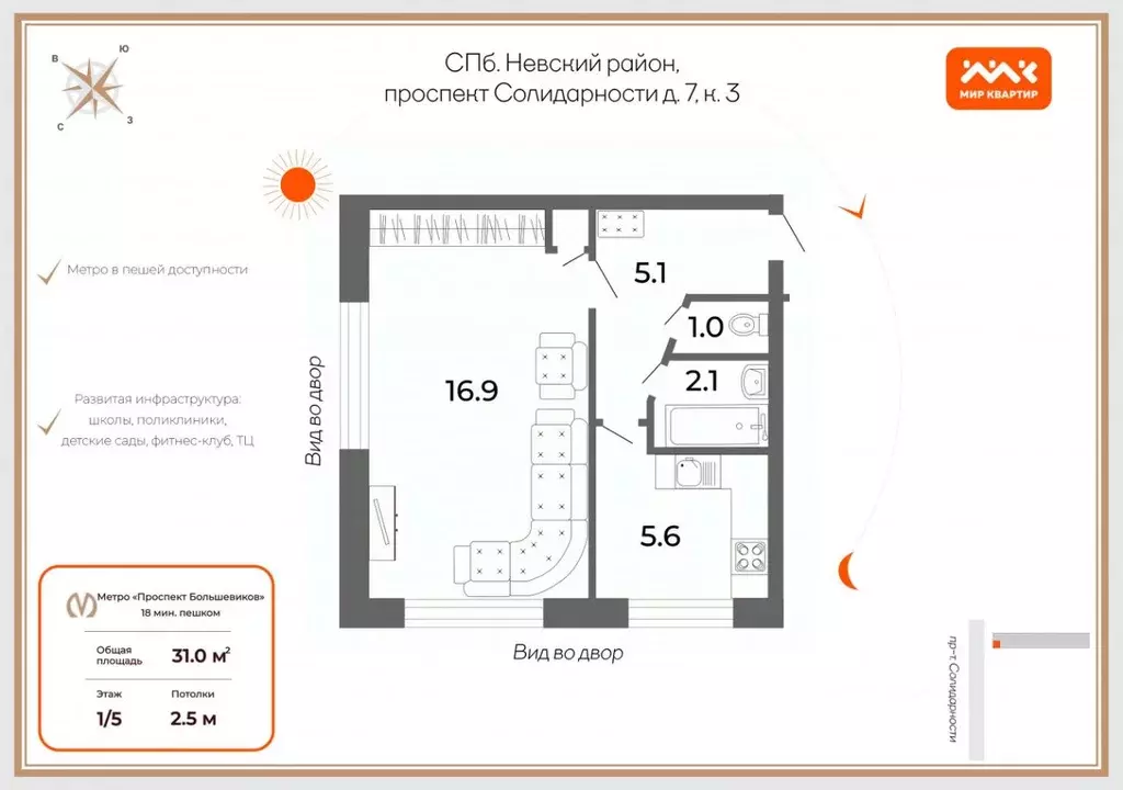 1-к кв. Санкт-Петербург просп. Солидарности, 7К3 (31.0 м) - Фото 1