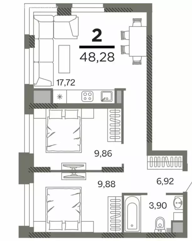 2-комнатная квартира: Рязань (48.28 м) - Фото 0