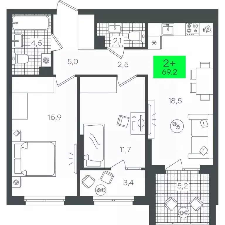 2-к кв. Тюменская область, Тюмень ул. Василия Малкова, 19 (69.25 м) - Фото 1
