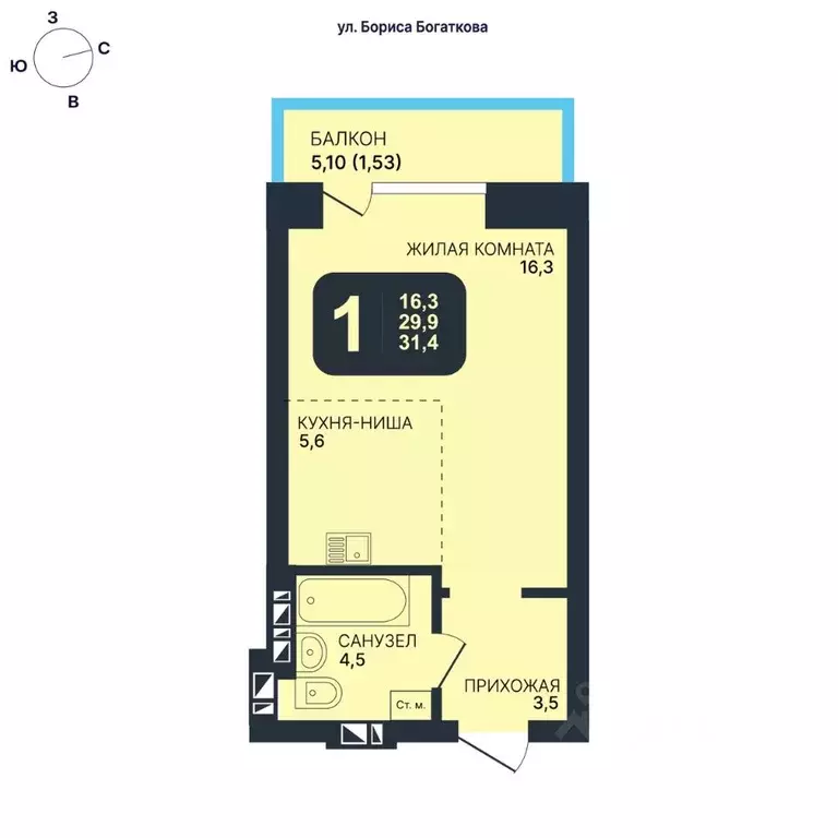 студия новосибирская область, новосибирск ул. гаранина, 33/7 (31.4 м) - Фото 0