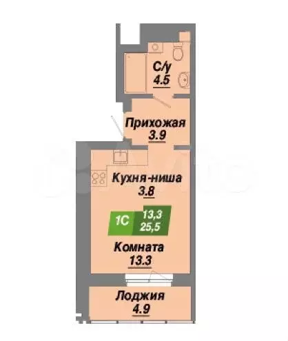 Квартира-студия, 25,5 м, 12/23 эт. - Фото 1