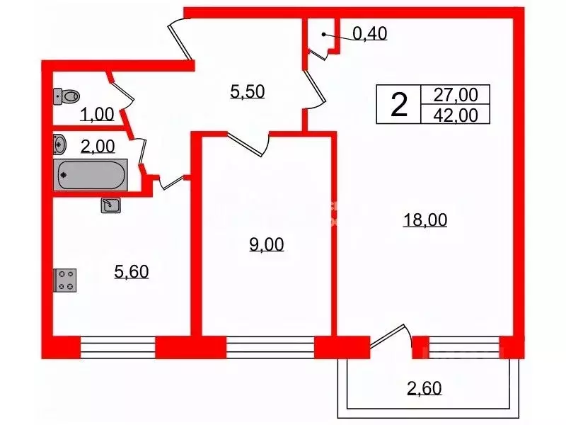 2-к кв. Санкт-Петербург просп. Народного ополчения, 173 (42.0 м) - Фото 1