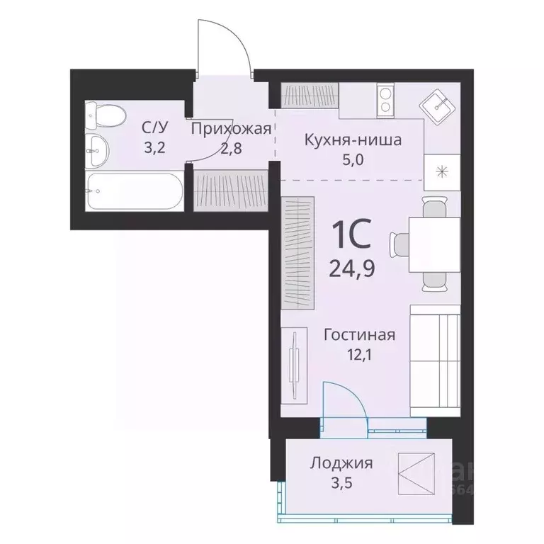 Студия Новосибирская область, Новосибирск  (24.9 м) - Фото 0