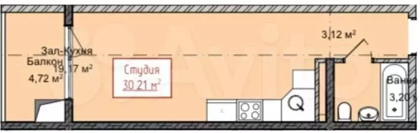 Квартира-студия, 30,2 м, 7/13 эт. - Фото 1