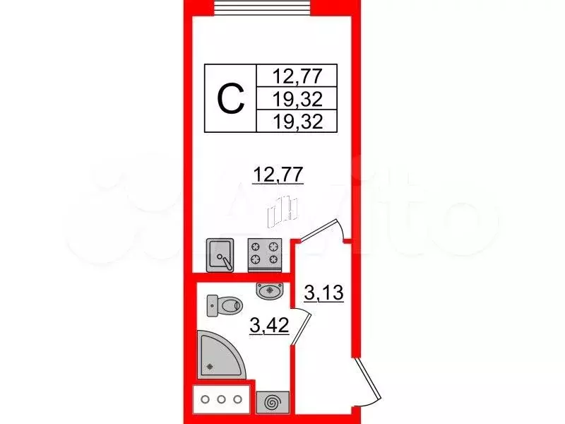 Квартира-студия, 19,2 м, 8/15 эт. - Фото 0