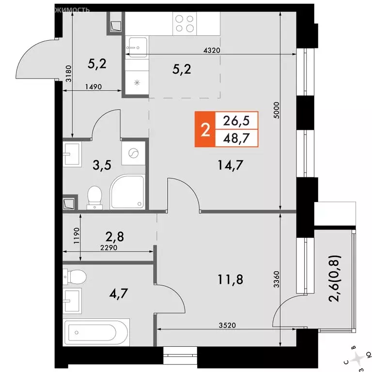 2-комнатная квартира: Владивосток, ЖК Флагман (48.7 м) - Фото 2