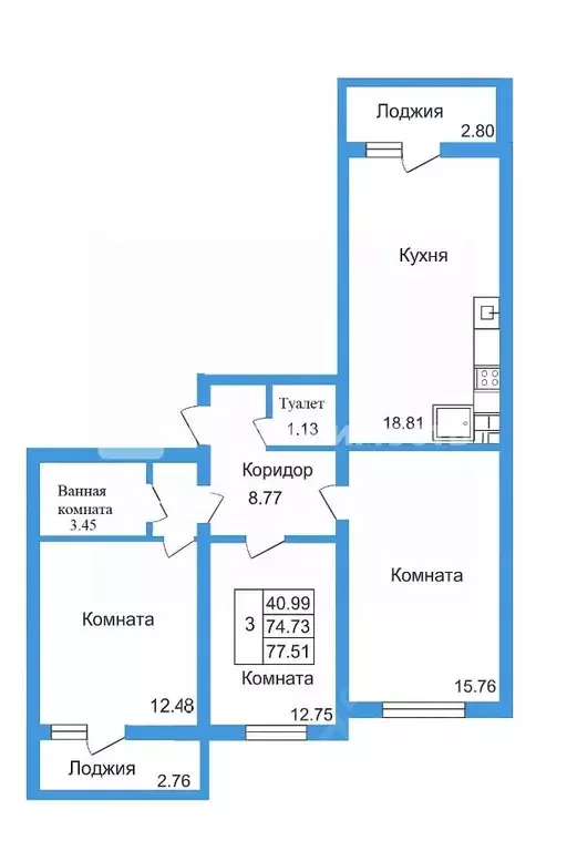 3-к кв. Санкт-Петербург Северный просп., 127к3 (77.51 м) - Фото 2