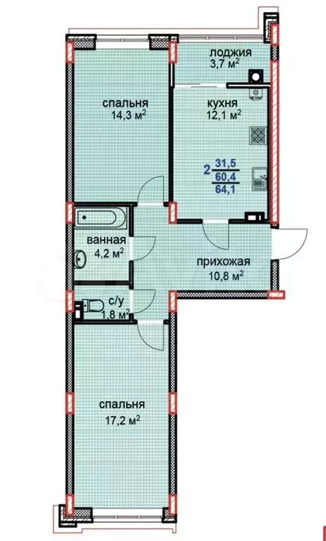 2-к. квартира, 64,2м, 3/6эт. - Фото 1