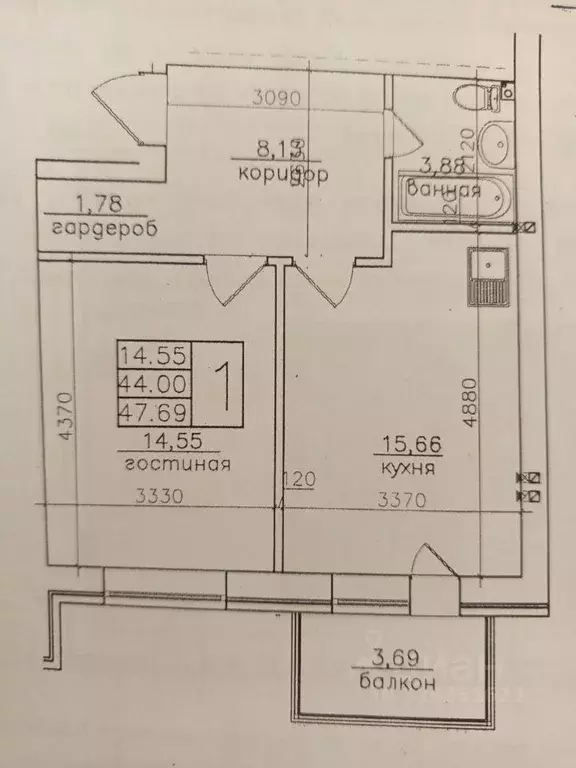 1-к кв. Северная Осетия, Владикавказ ул. Хадарцева, 37 (48.5 м) - Фото 2