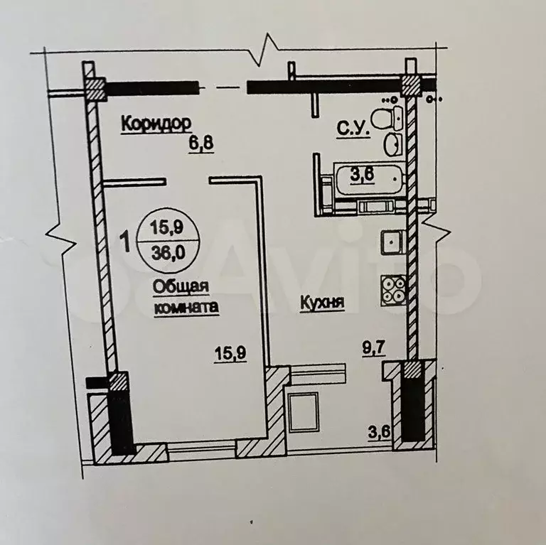 1-к. квартира, 36 м, 4/9 эт. - Фото 0