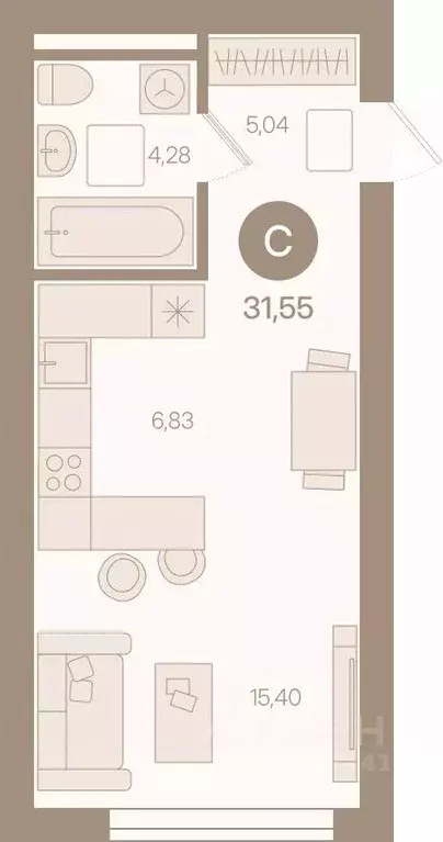Студия Ямало-Ненецкий АО, Ноябрьск И мкр,  (31.55 м) - Фото 0