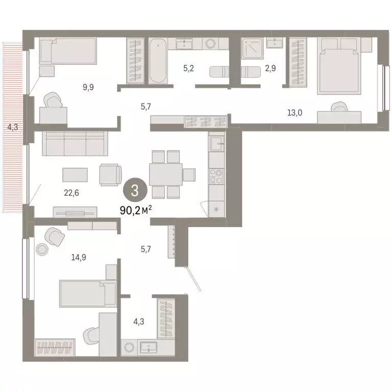 3-комнатная квартира: Новосибирск, квартал Лебедевский, 1/3 (90.2 м) - Фото 2