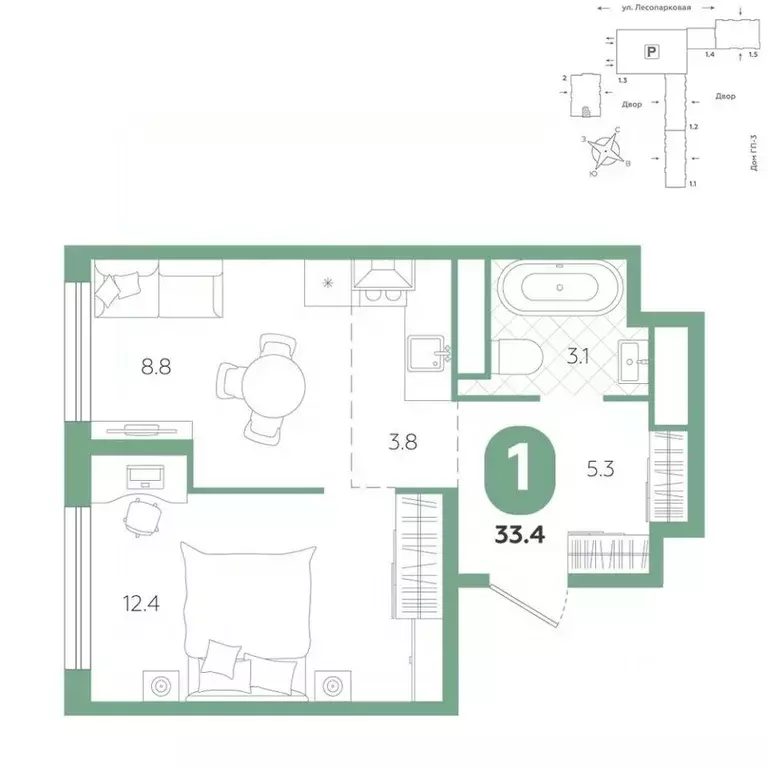 1-к кв. Тюменская область, Тюмень ул. Лесопарковая, 20 (33.4 м) - Фото 1