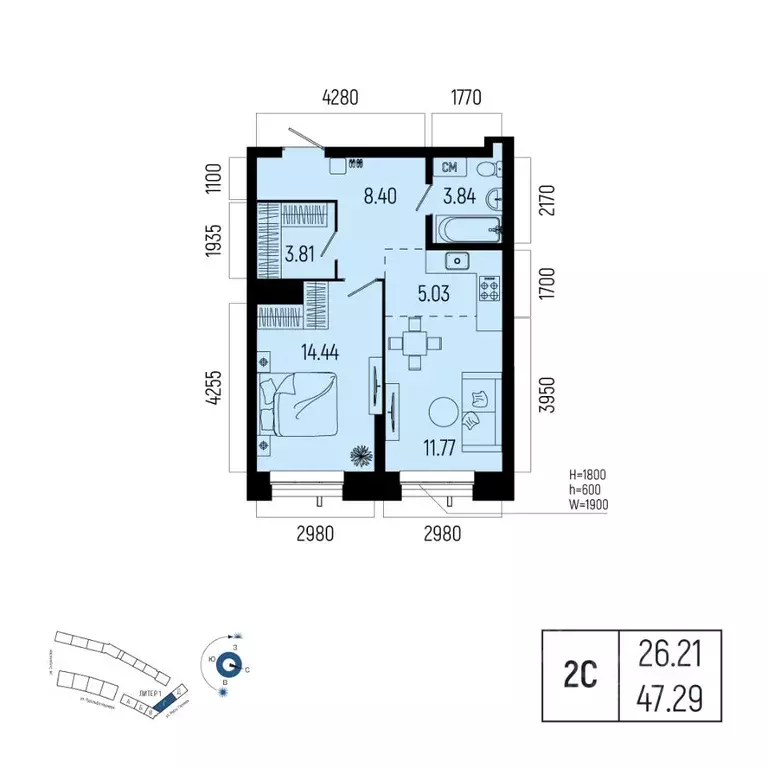 2-к кв. Башкортостан, Уфа Глумилино-1 мкр, Новатор жилой комплекс ... - Фото 1