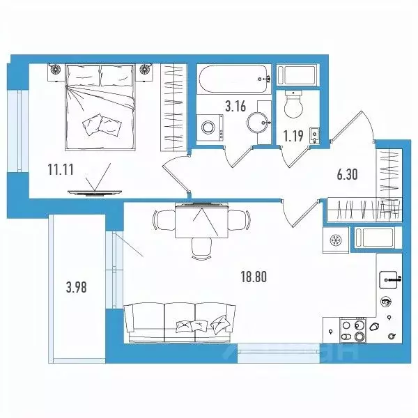 1-к кв. Санкт-Петербург ул. Тельмана, 37 (42.55 м) - Фото 0