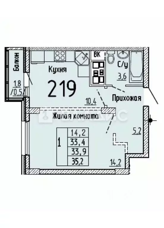 1-к кв. Московская область, Долгопрудный Парковая ул., 48 (35.2 м) - Фото 1