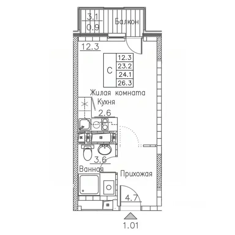 1-к кв. Приморский край, Владивосток ул. Расула Гамзатова, 7к1 (26.3 ... - Фото 1