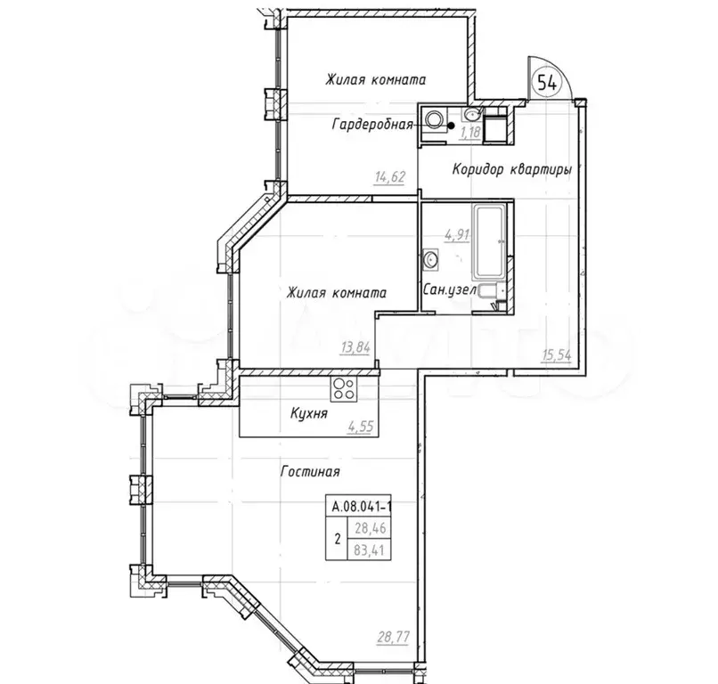 2-к. квартира, 83,4 м, 8/9 эт. - Фото 0