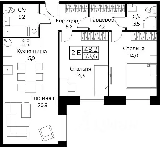 2-к кв. Москва ул. Наметкина, 10Д (73.6 м) - Фото 1