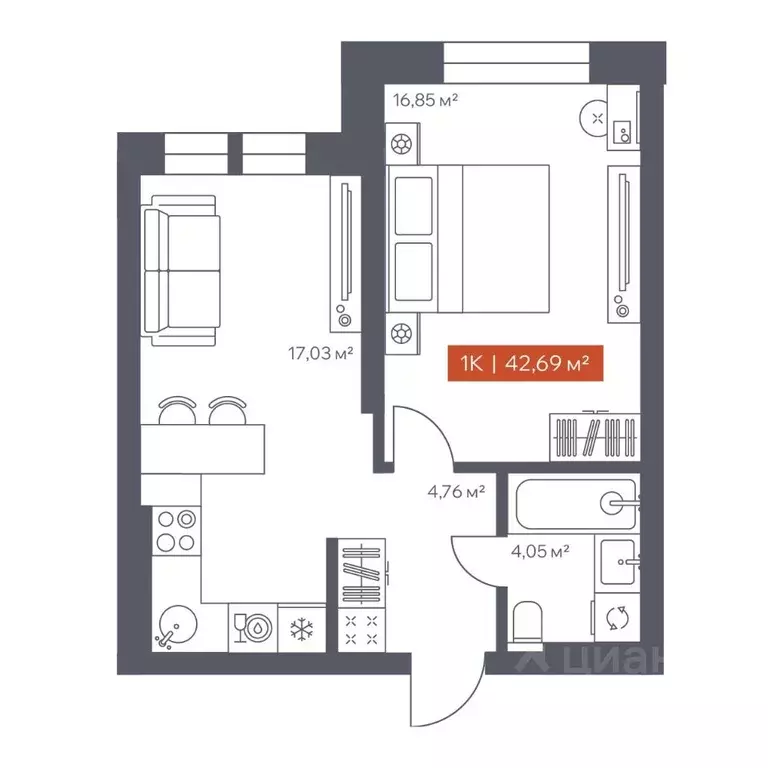 1-к кв. Томская область, Томск Красноармейская ул., 144 (42.69 м) - Фото 2