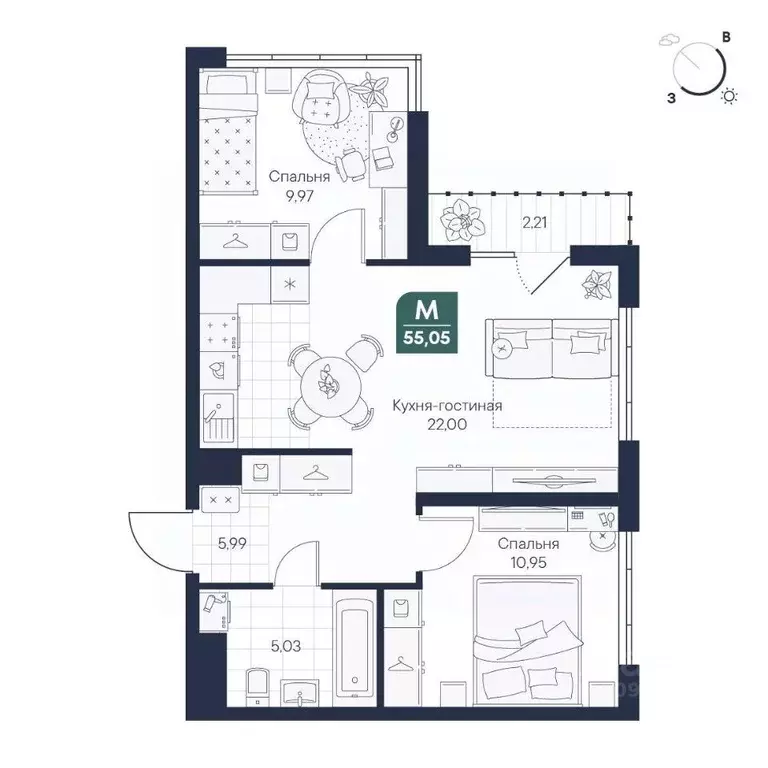 2-к кв. Новгородская область, Великий Новгород Медь кв-л,  (55.05 м) - Фото 1