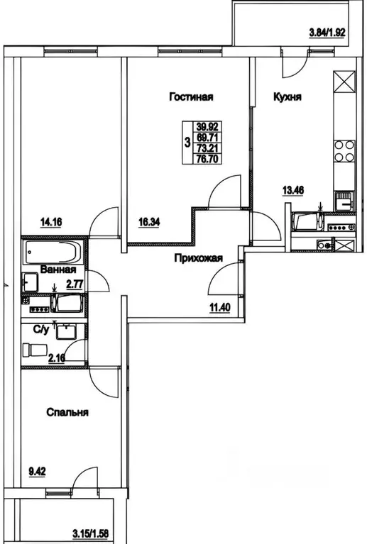 3-к кв. Москва Муравская ул., 38к1 (74.0 м) - Фото 2